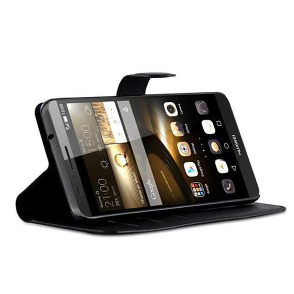 Telefono nero in custodia aperta, angolato sulla superficie. Sono le 15:00. Logo Huawei.