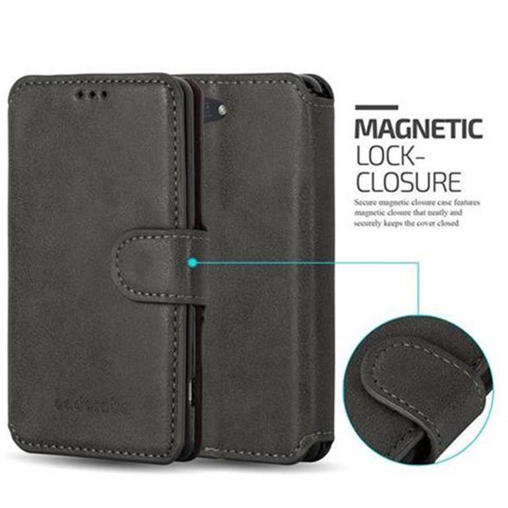 Funda de teléfono de cuero gris con cierre magnético. Texto: CIERRE MAGNÉTICO.