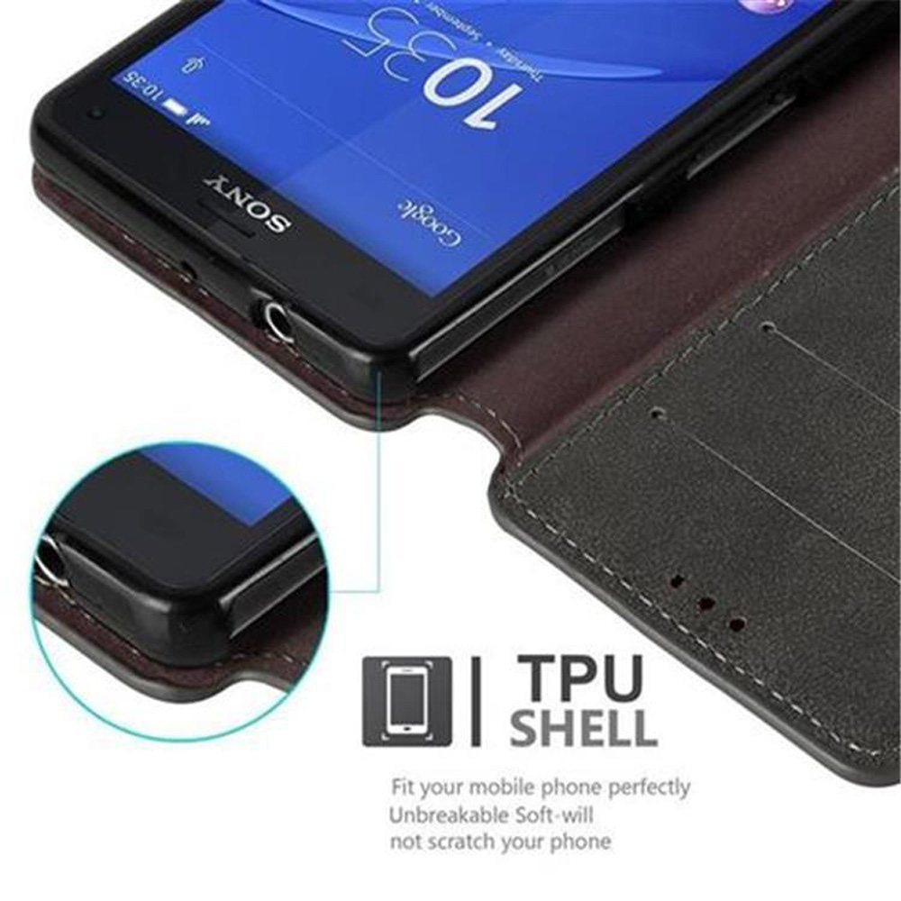 Un teléfono en una funda marrón. La pantalla del teléfono muestra la hora 10:35 y la barra de búsqueda de Google.