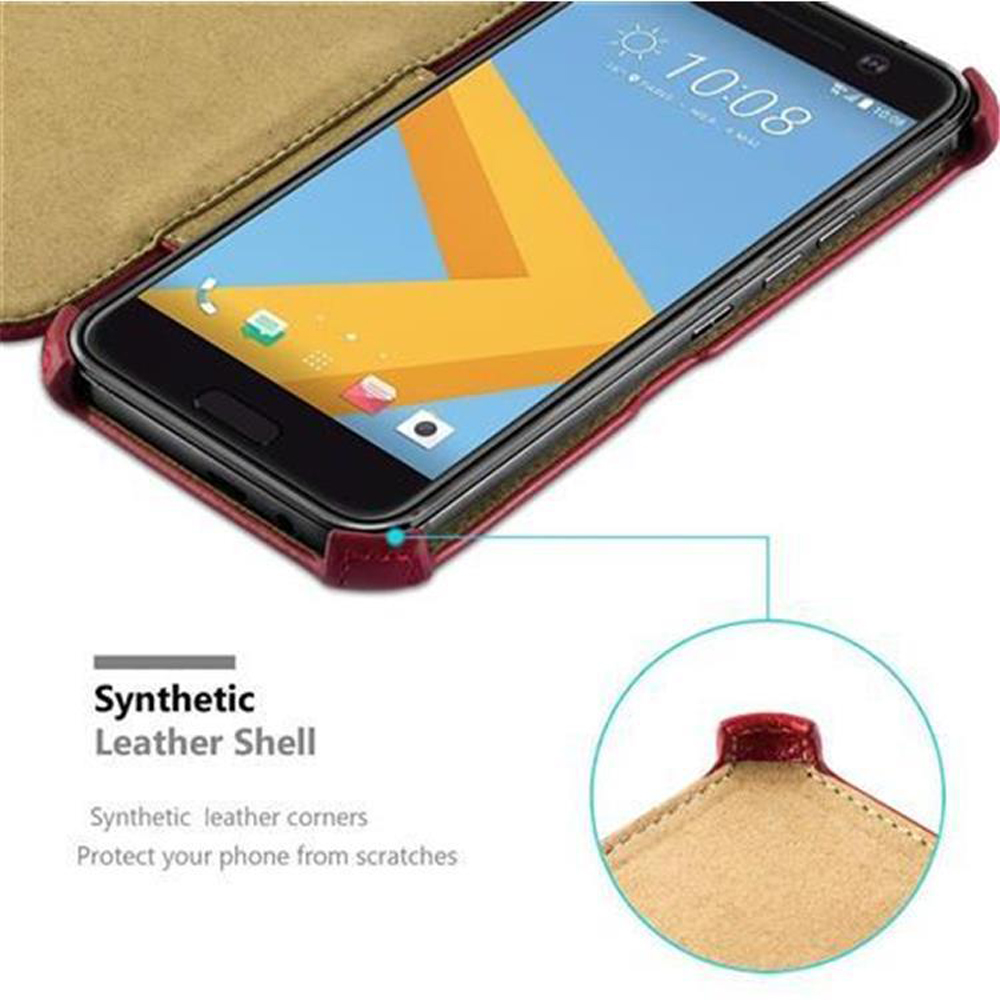 Primo piano di un telefono in una custodia di pelle rossa con un dettaglio dell'angolo.