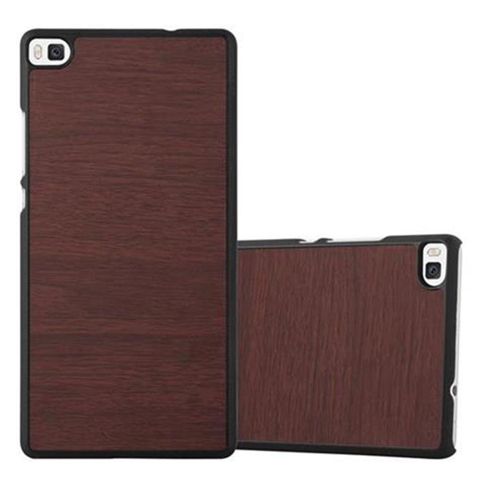 Due custodie per telefono con design a venature del legno. Le custodie sono marroni con bordi neri, una mostra il retro.