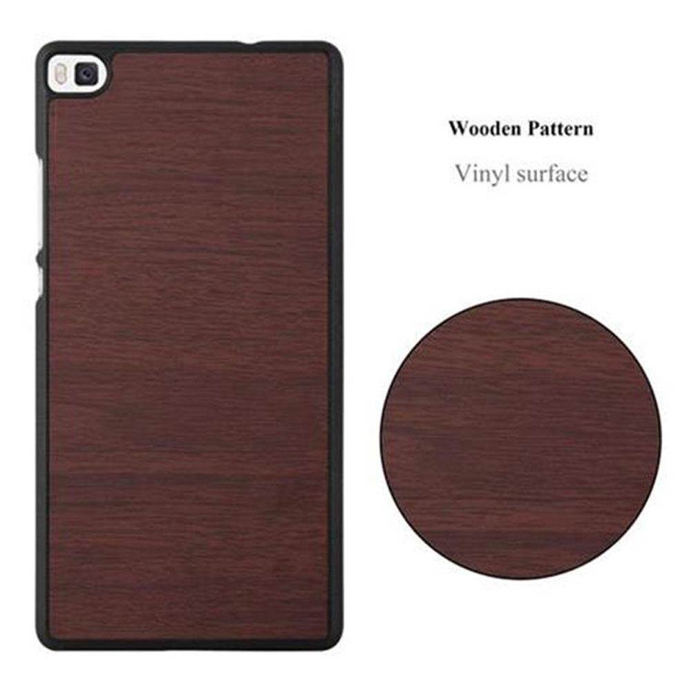 Custodia per telefono con design a venature del legno, colore marrone e bordo nero. Isolato su bianco.