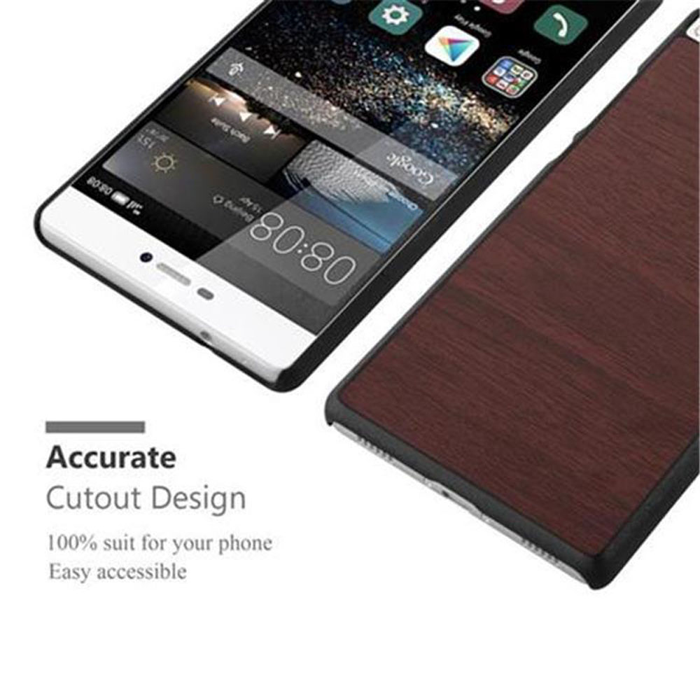 Telefono con custodia effetto legno. Testo: Design preciso con ritagli. Testo: Adatto al 100% per il tuo telefono.