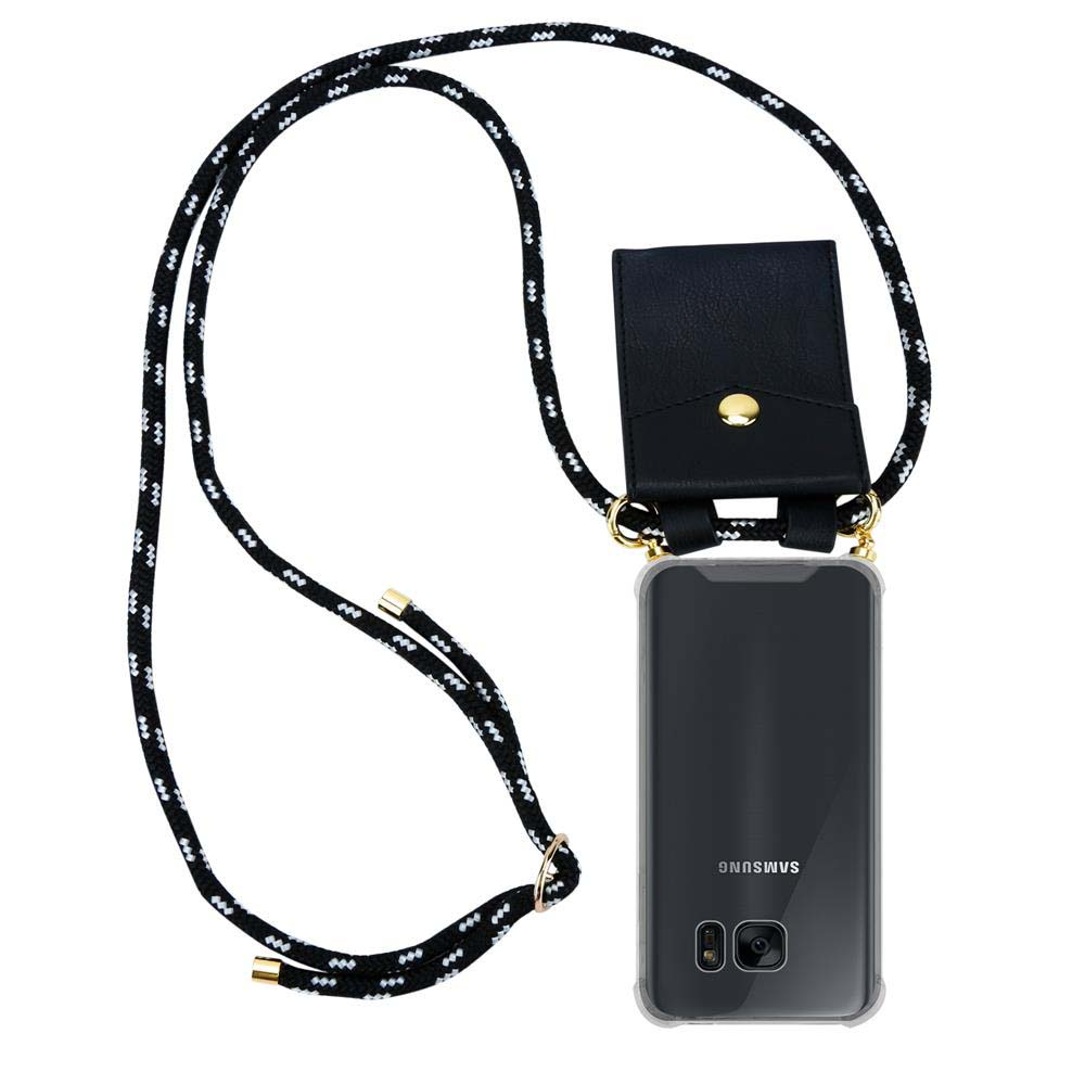 Custodia trasparente per telefono con cinturino bianco e nero. Telefono nella custodia. Il telefono ha il logo Samsung.