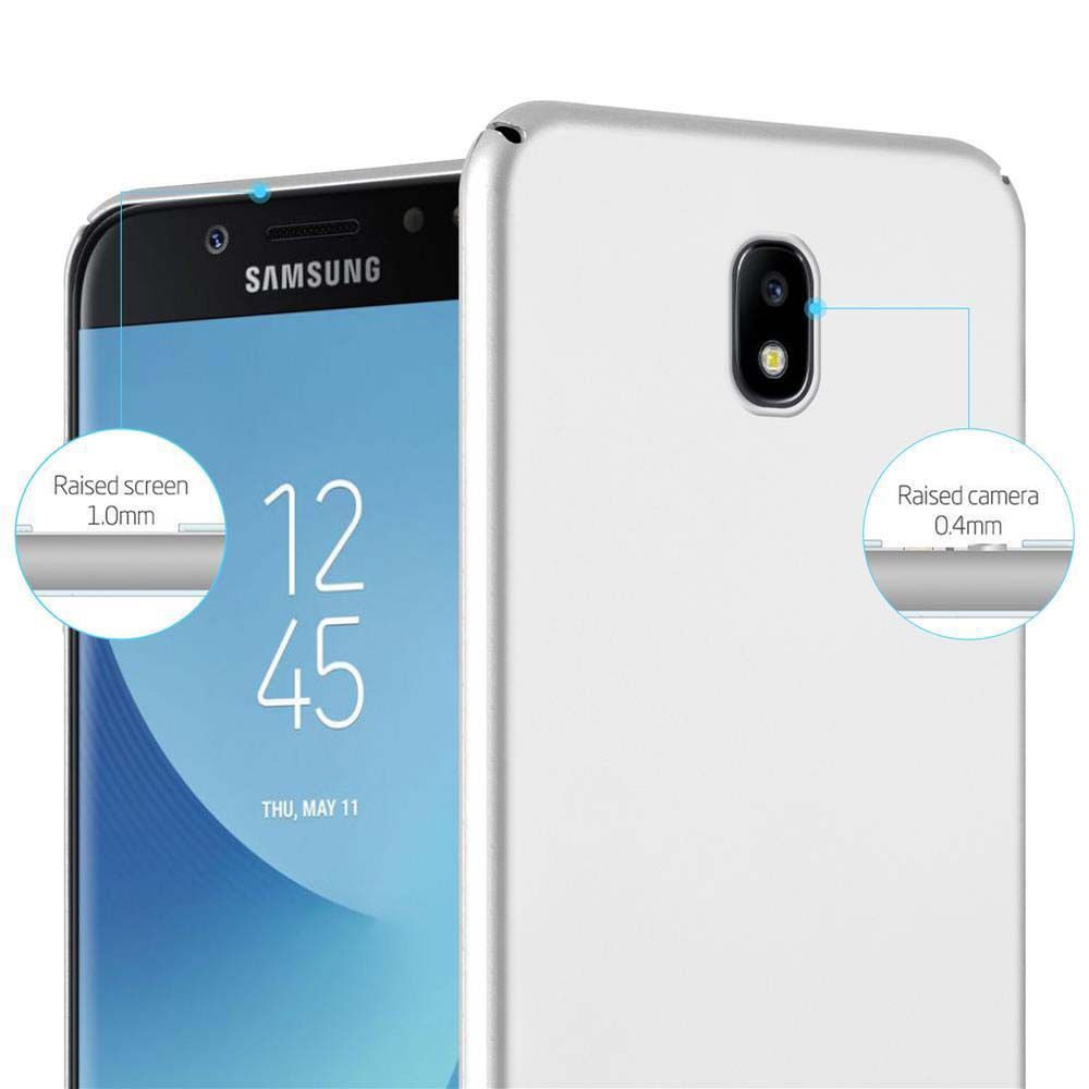 Ein silbernes Telefon neben einer silbernen Hülle. Das Telefon zeigt die Uhrzeit und Samsung Logo.
