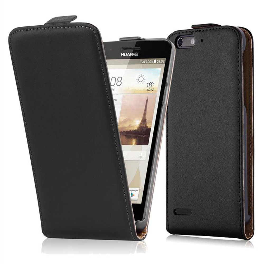 Funda negra para teléfono con un teléfono dentro. El teléfono muestra la hora y el clima. Logotipo de Huawei.