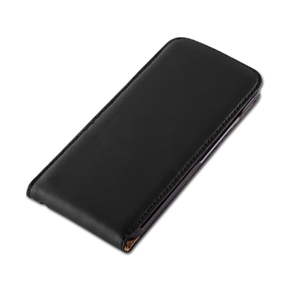 Una funda de teléfono negra y cerrada. Tiene una textura lisa, similar al cuero. La funda es rectangular y tiene cremallera.