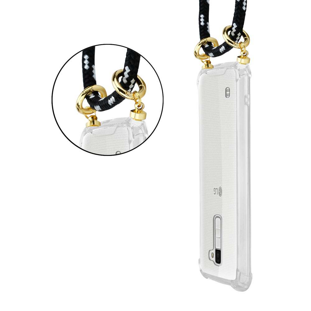 Transparente Handyhülle mit schwarz-weißem Seilriemen. Nahaufnahme eines kreisförmigen Details mit goldenen Ringen.