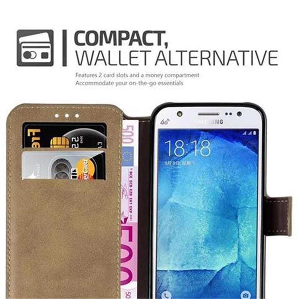 Funda de teléfono marrón estilo cartera con tarjeta de crédito y smartphone con iconos de aplicaciones.