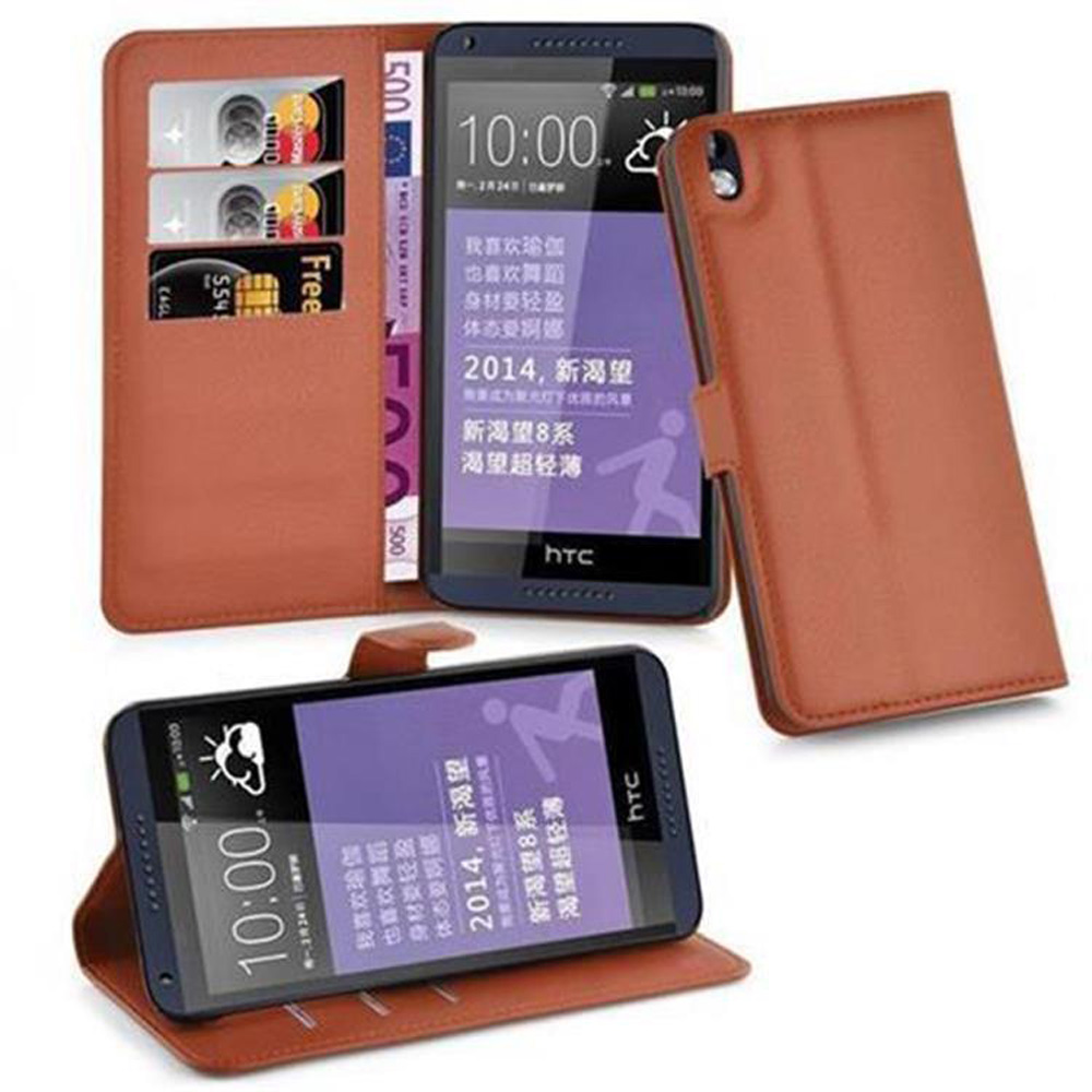 Funda de teléfono marrón con teléfono y tarjetas. El teléfono muestra una pantalla.