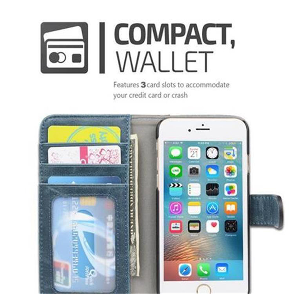 Custodia a portafoglio aperta con telefono e carte di credito, con app visualizzate.