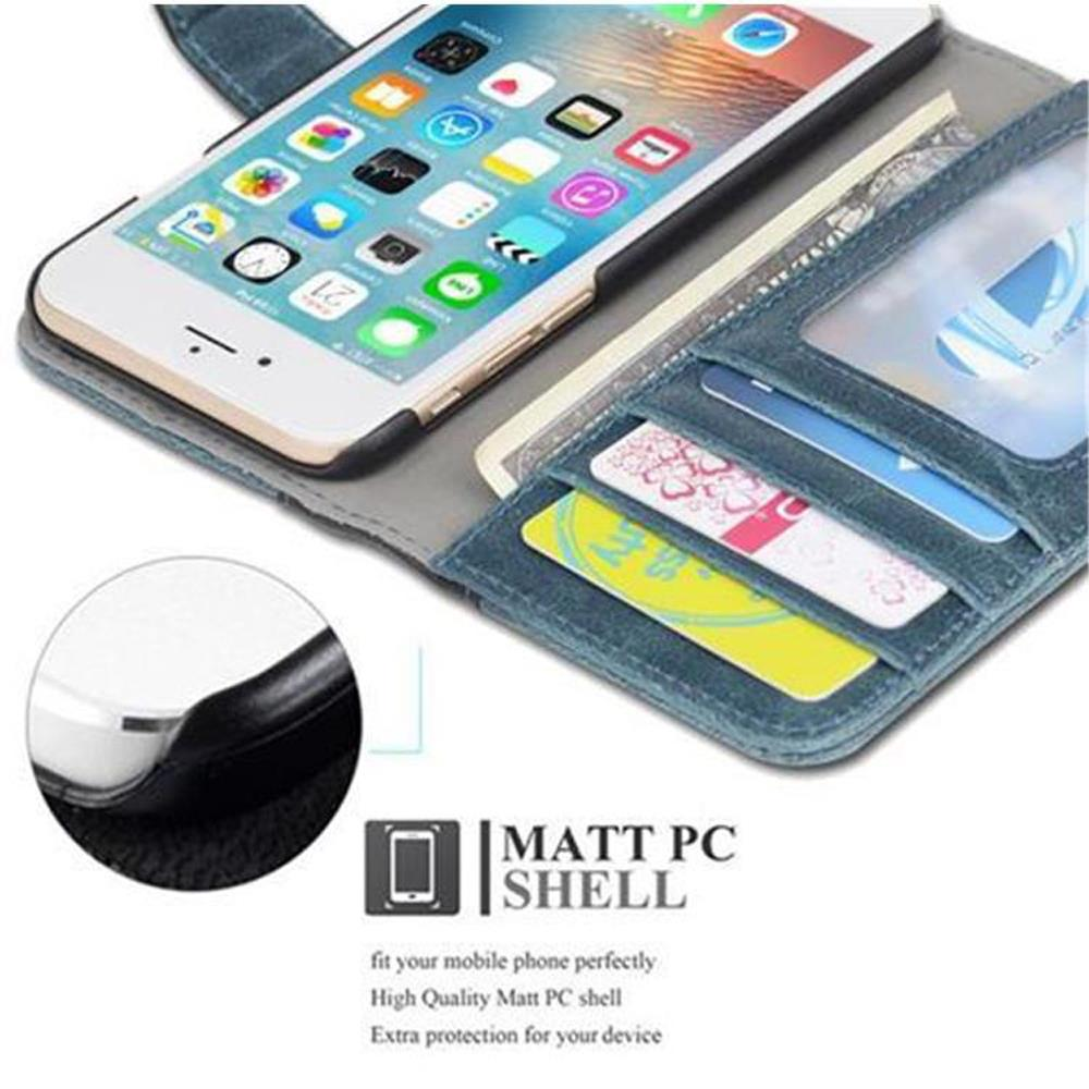 Telefono in una custodia blu, che mostra carte e denaro. Testo: MATT PC SHELL. Guscio in PC opaco di alta qualità.