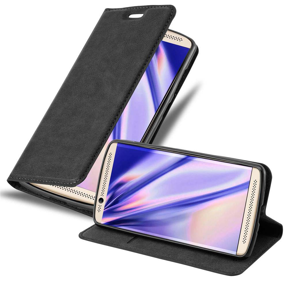 Schwarze Leder-Handyhülle offen mit Telefon darin. Telefon hat hellen Bildschirm.