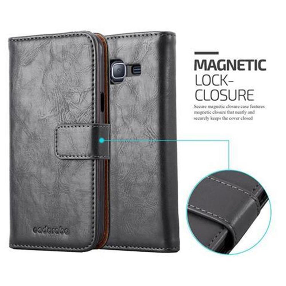 Custodia per telefono in pelle grigia con chiusura magnetica, che mostra il telefono all'interno.