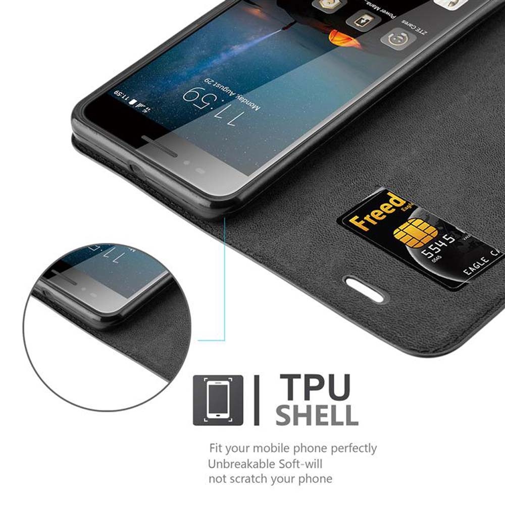 Telefono in una custodia, aperto. Testo: Guscio in TPU, Adatta perfettamente il tuo cellulare.