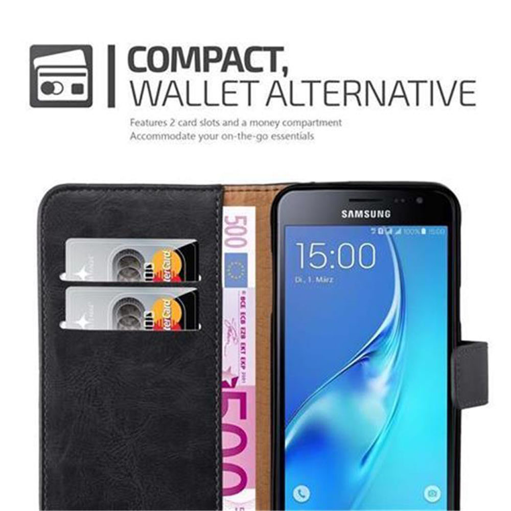 Telefono in una custodia nera con slot per schede e denaro. Testo: COMPACT, WALLET ALTERNATIVE.