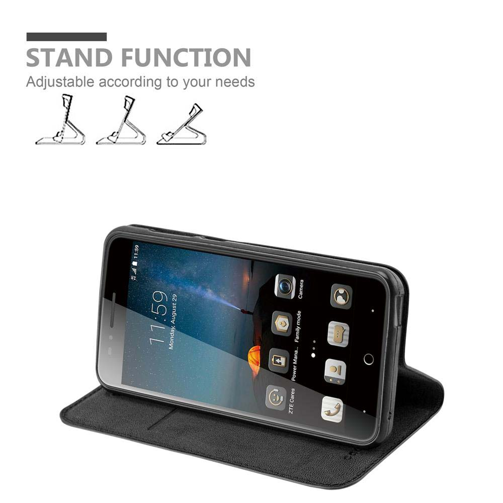 Telefono in custodia nera con schermo con icone. Testo funzione supporto. Sfondo bianco.