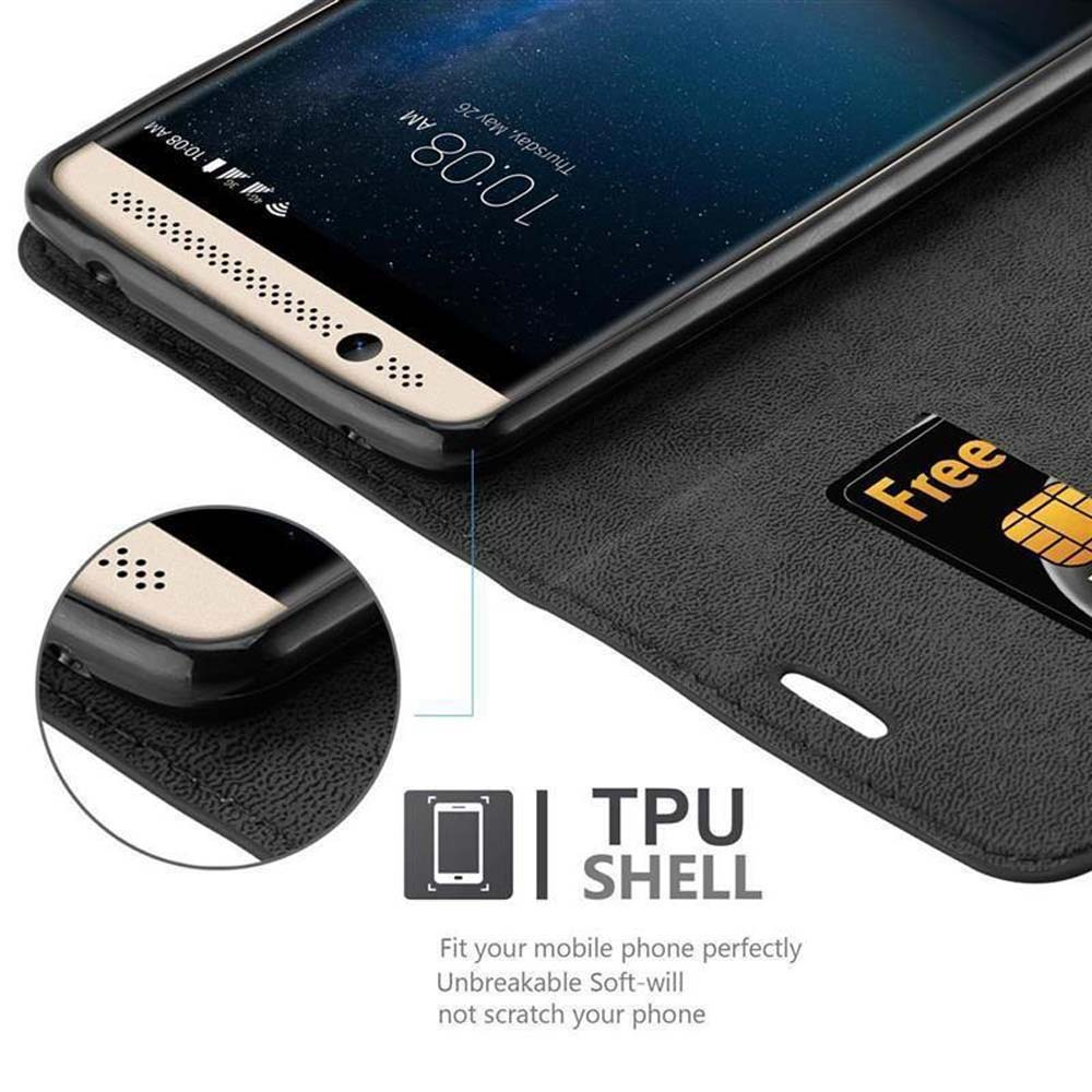 Schwarze Handyhülle mit Kartenfach. Das Telefon befindet sich in der Hülle. Text: „TPU-SCHALE“ und „Free“.