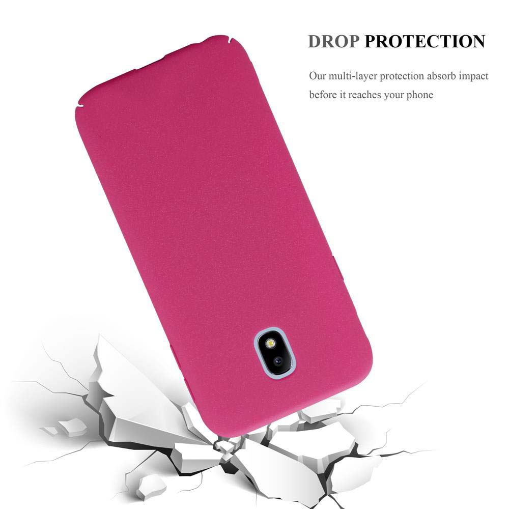 Custodia per telefono rosa. La custodia sta cadendo, terreno rotto in primo piano. Testo protezione caduta.