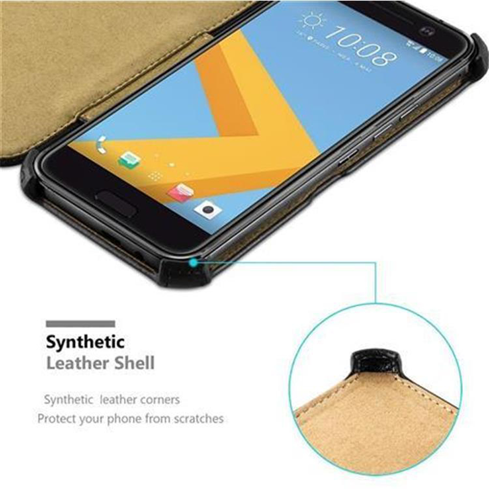 Telefono in una custodia, che mostra lo schermo. La custodia è marrone e ha una texture in pelle.