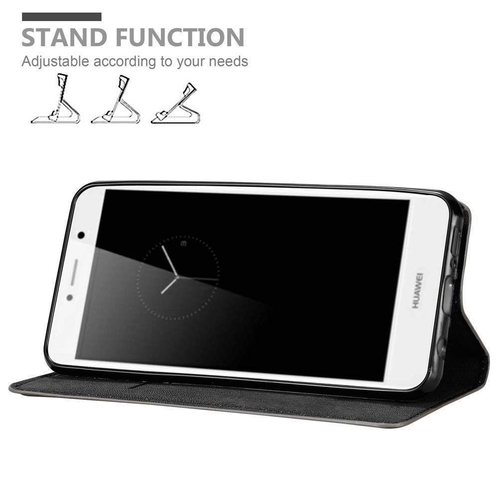 Telefono nero in una custodia nera, puntellato per stare in piedi. Il testo dice "STAND FUNCTION".