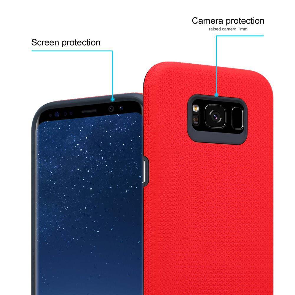 Una custodia rossa con un telefono all'interno. Sono indicate le funzioni di protezione dello schermo e della fotocamera.