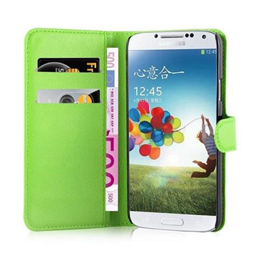 Grüne Handyhülle geöffnet, zeigt ein Telefon, Geld und Karten. Das Telefon hat bunten Hintergrund.