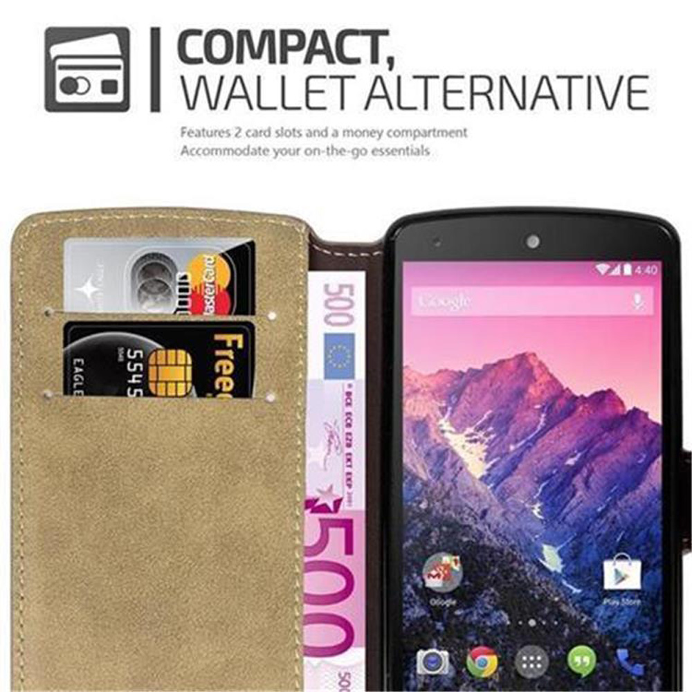 Geöffnete Handyhülle mit Karten und Geld. Telefon zeigt eine Berglandschaft. Kompaktes Wallet-Design.