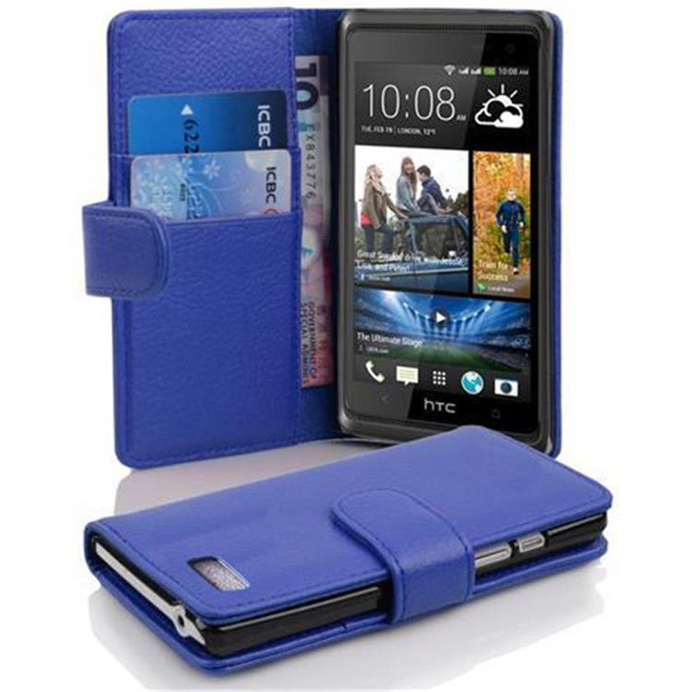 Custodia per telefono blu, aperta che mostra carte e denaro. Telefono nero visibile all'interno. La custodia ha una patta.