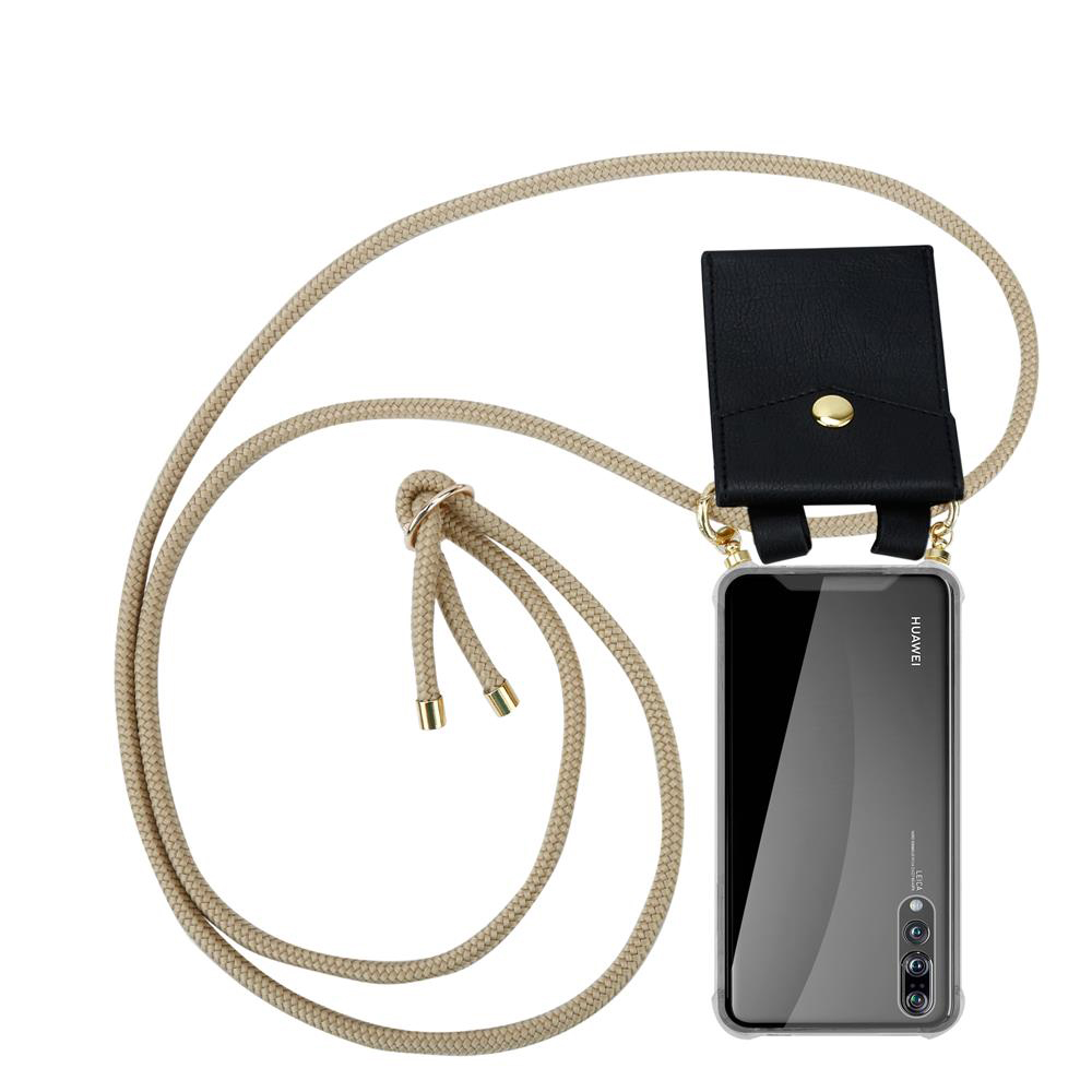 Custodia color cachi con telefono nero attaccato. Una cinghia color cachi è appesa. Il telefono ha una fotocamera.