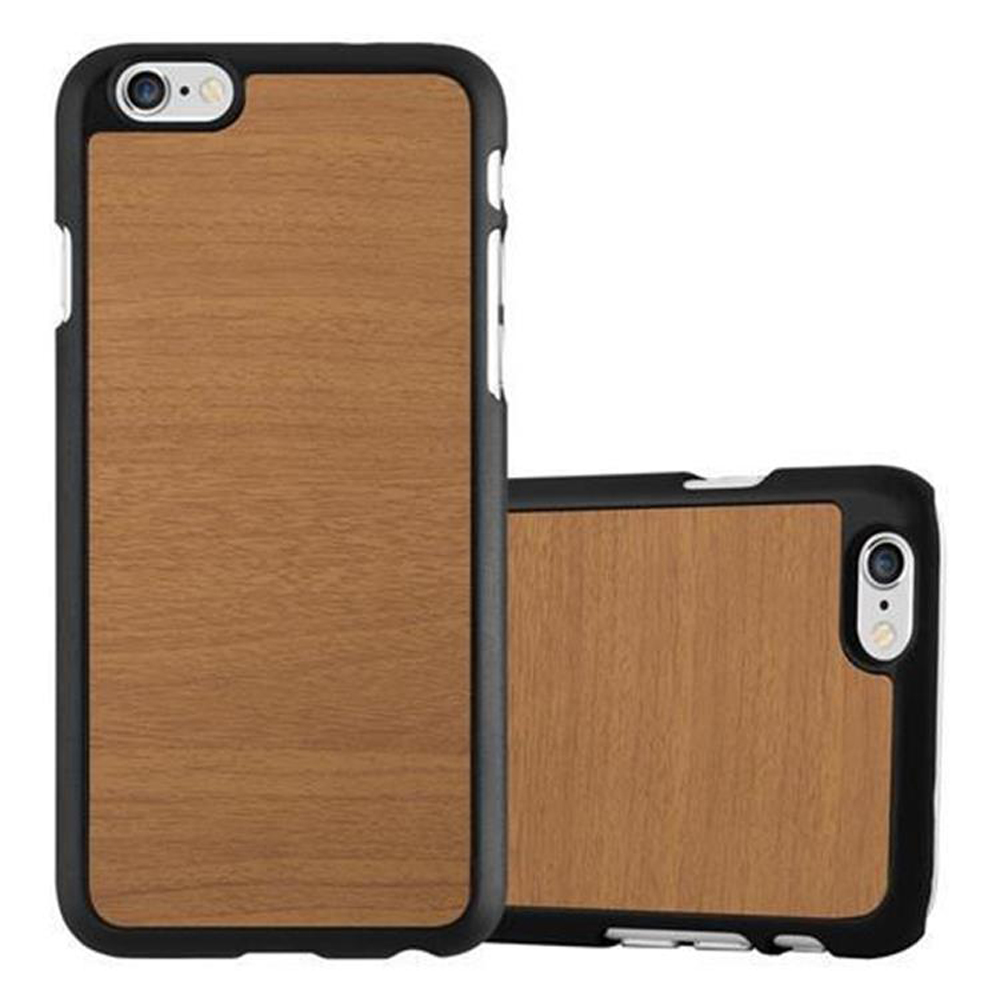 Due custodie per telefono con texture a venature di legno. Una è in piedi e l'altra è sdraiata. Entrambe su bianco.