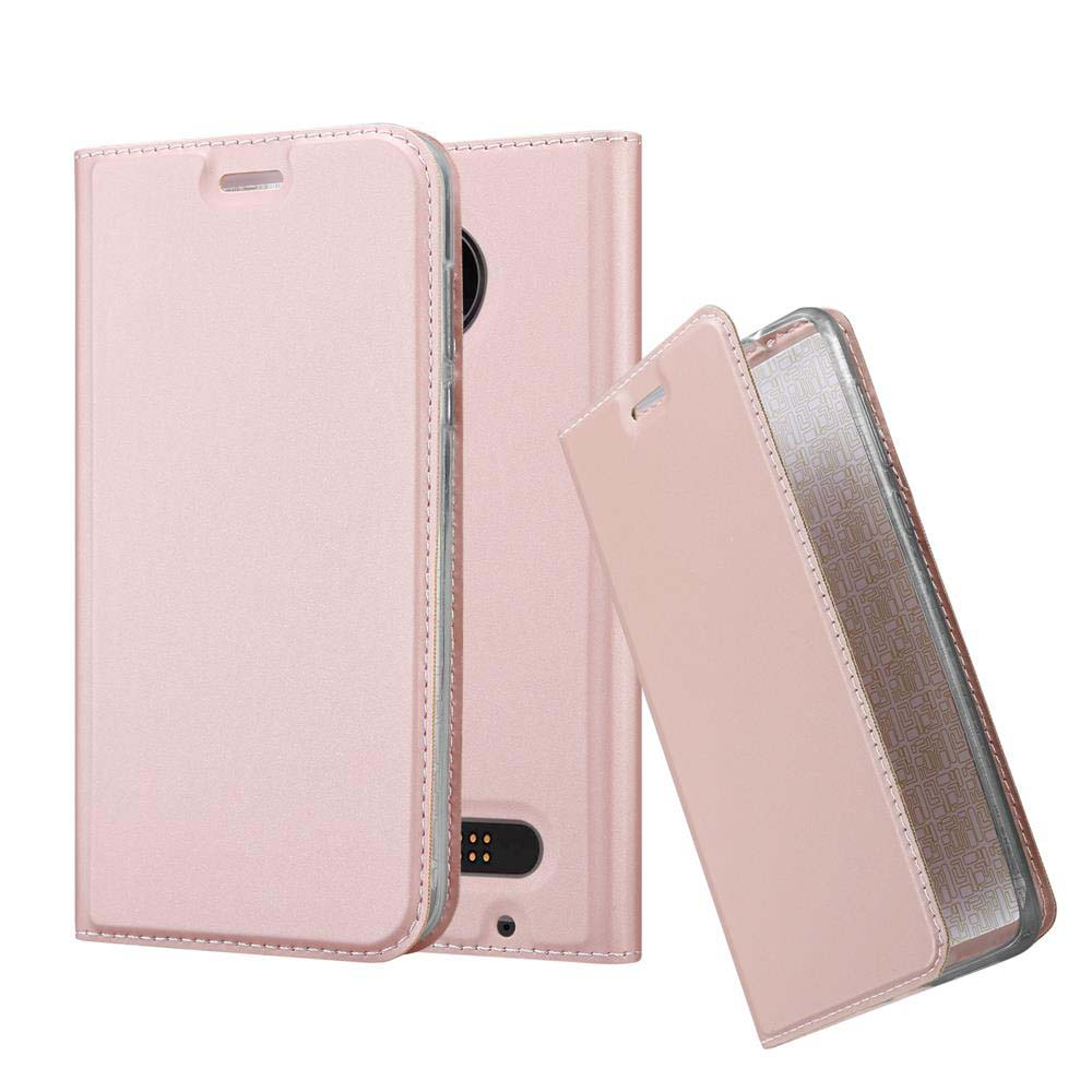 Funda de teléfono rosa, abierta y cerrada. Se muestra la pantalla del teléfono.