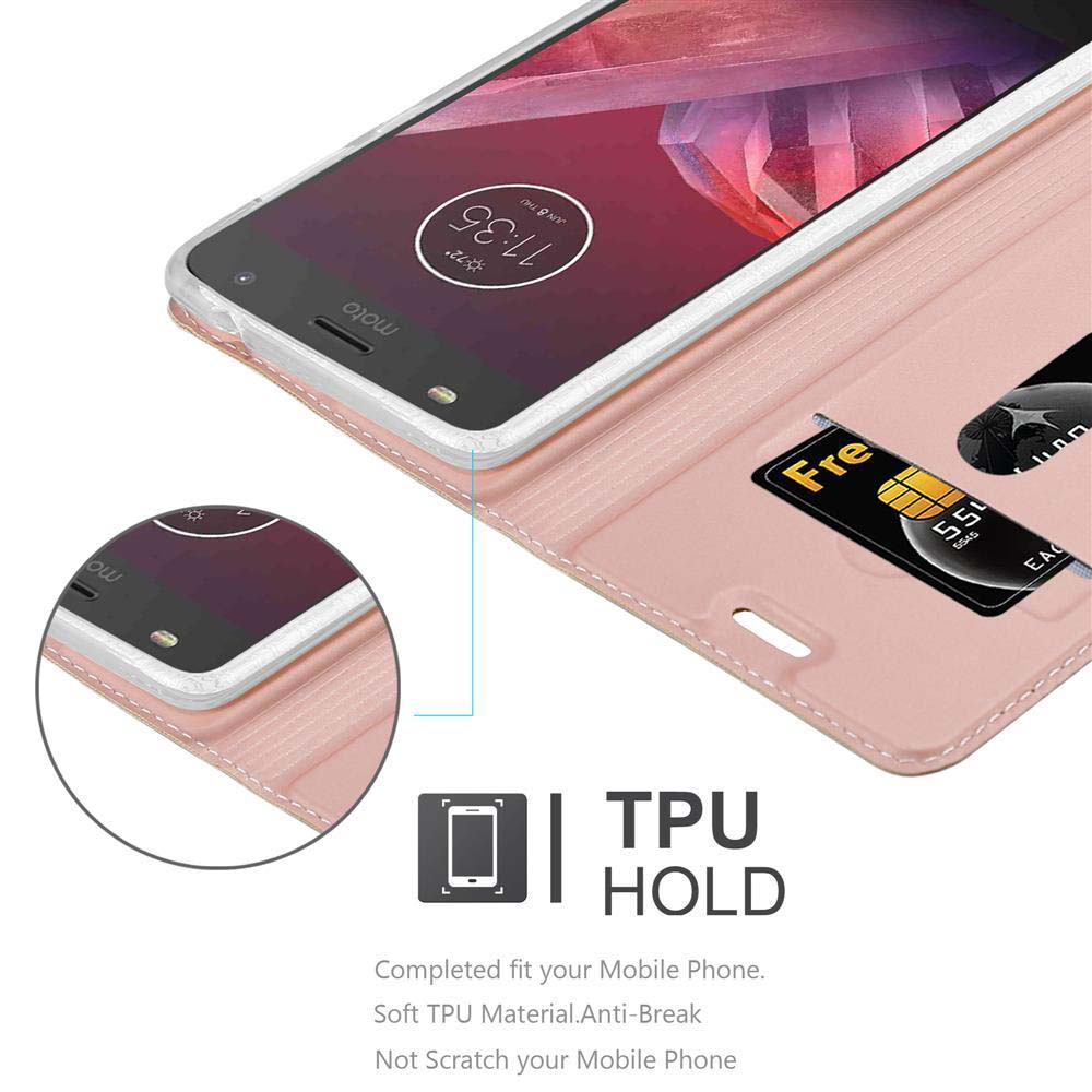 Un teléfono en una funda rosa, abierto. Una tarjeta de crédito en una ranura. Soporte TPU.