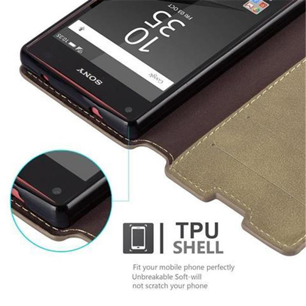 Telefono in custodia aperta. La custodia è marrone, il telefono è nero con cornice nera. Guscio in TPU.
