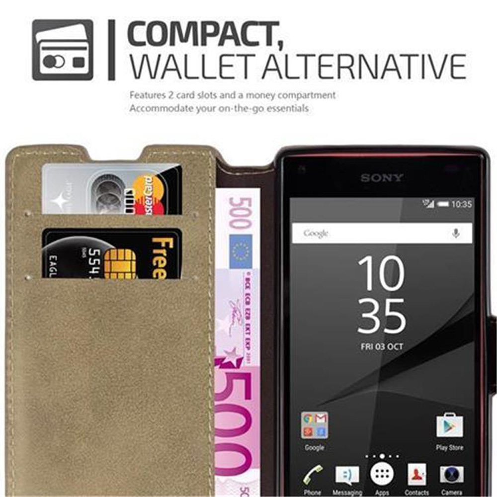 Un telefono in una custodia con carte e un vano porta soldi. La custodia è aperta con soldi e carte visibili.
