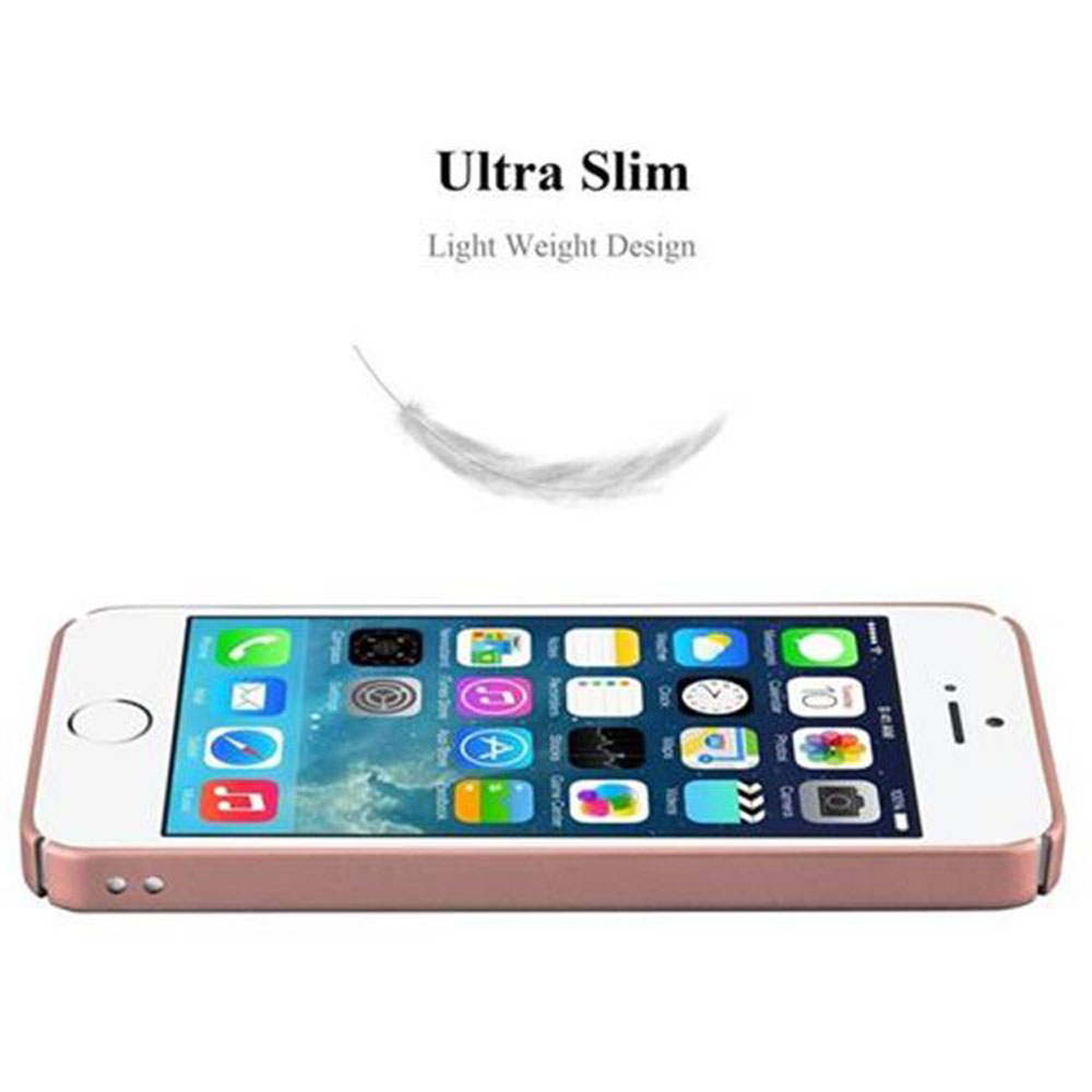 Roségoldenes Telefon in einem Gehäuse. Weißer Hintergrund. Ultra schlankes Design. Leichtes Gewicht. iPhone. App-Symbole sind sichtbar.