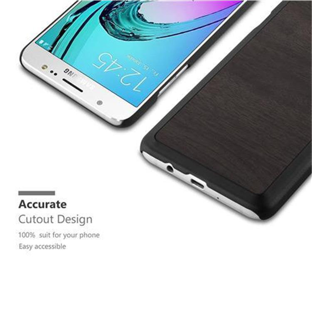 Telefono Samsung, con custodia effetto legno che copre parzialmente il telefono. Sfondo bianco.