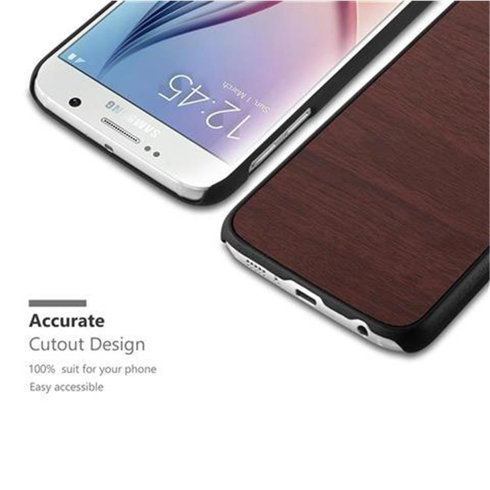 Due custodie per telefono. Una con telefono. Motivo venature legno. Testo: Accurate Cutout Design.
