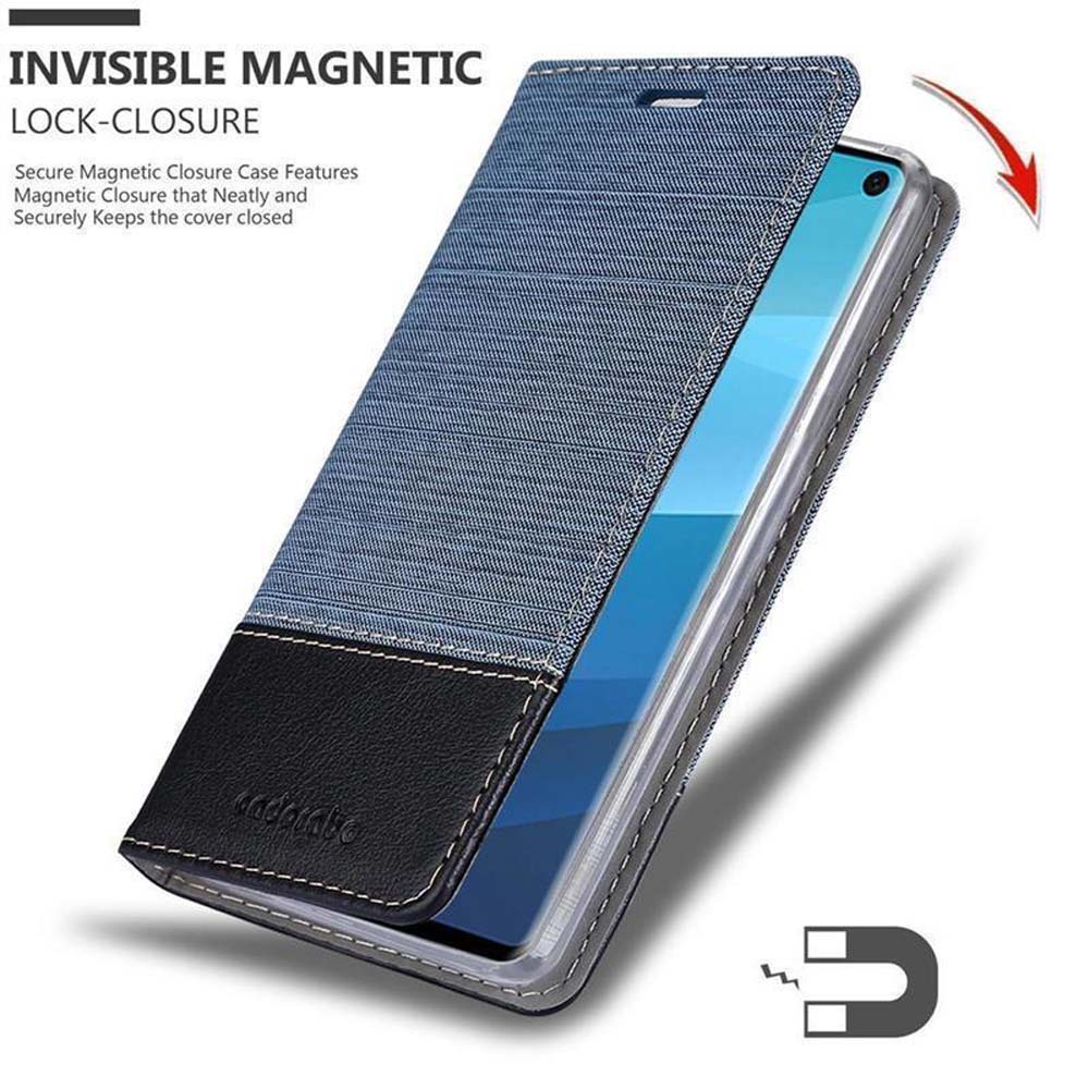 Blaue Jeans-Handyhülle mit schwarzem Lederteil. Ein silbernes Telefon ist mit Magnetverschluss darin.