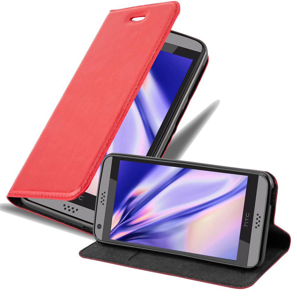 Funda roja para teléfono con tapa abierta y teléfono dentro. Otro teléfono delante.