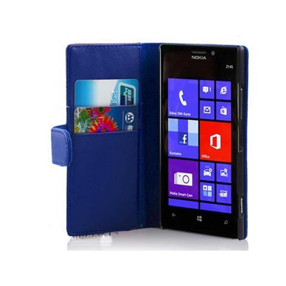Téléphone Nokia dans un étui bleu ouvert avec cartes de crédit. L'écran du téléphone affiche des icônes. Fond blanc.
