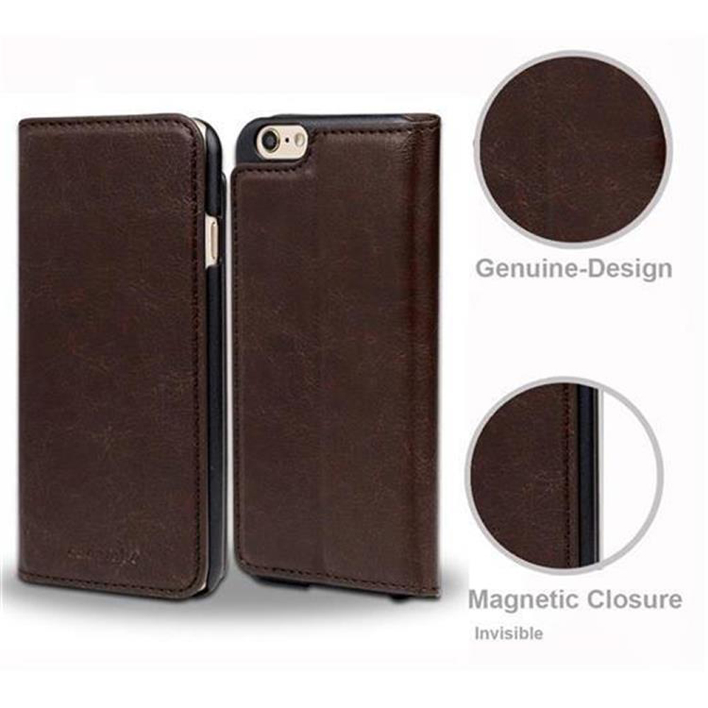 Custodia per telefono in pelle marrone, aperta e chiusa, con design originale e dettagli di chiusura magnetica.