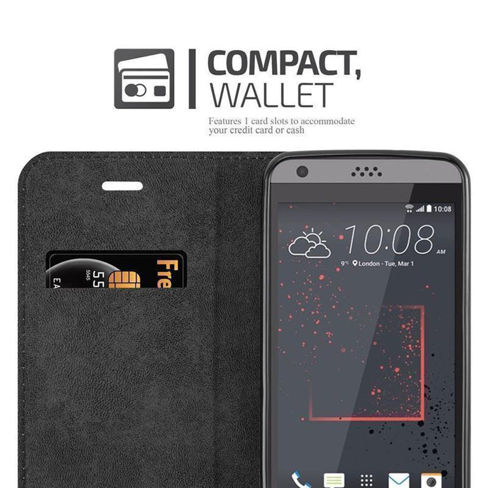 Teléfono en una funda de cartera negra con una tarjeta en la ranura, mostrando la pantalla.