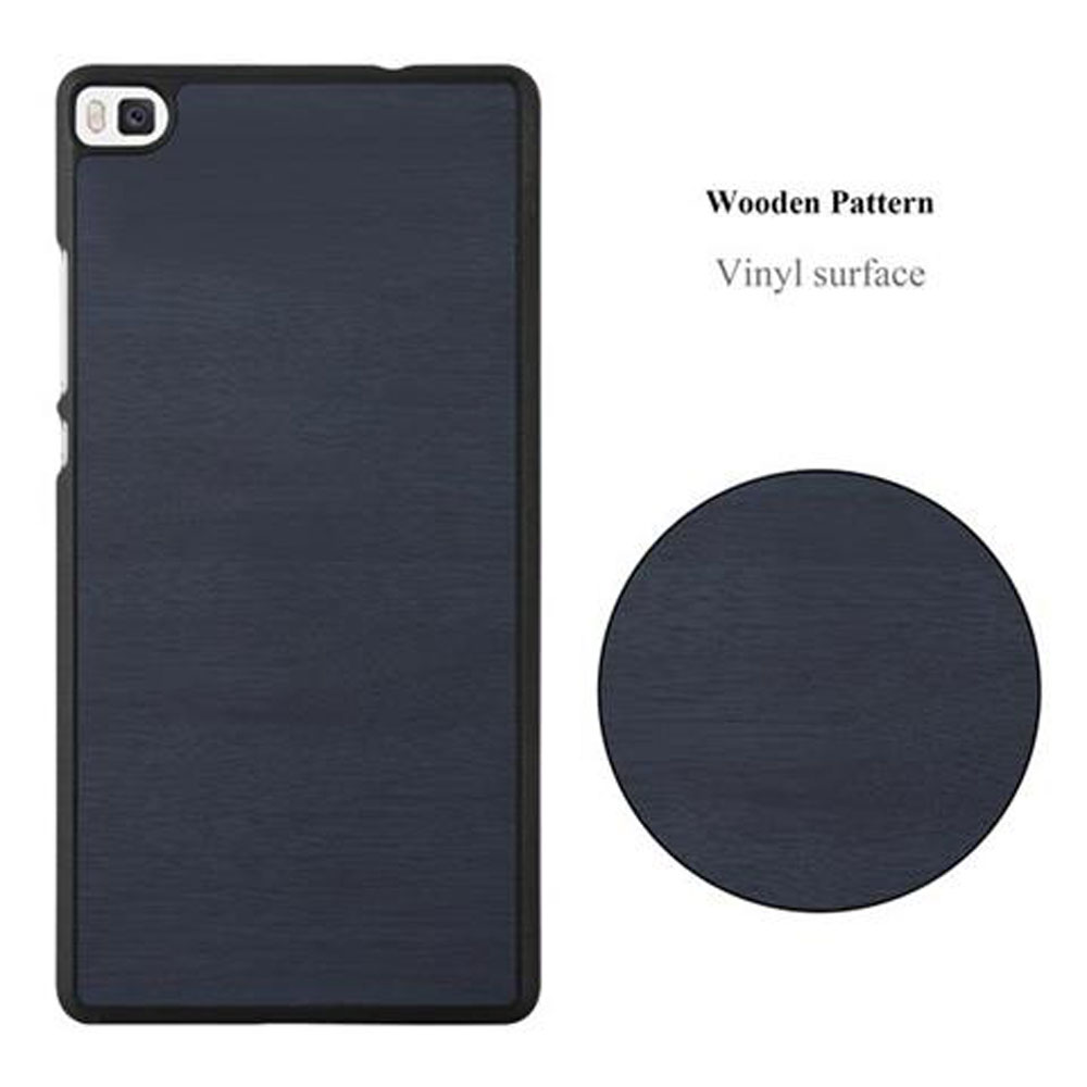 Custodia blu per telefono con motivo in legno. Lo sfondo include un cerchio con lo stesso motivo.
