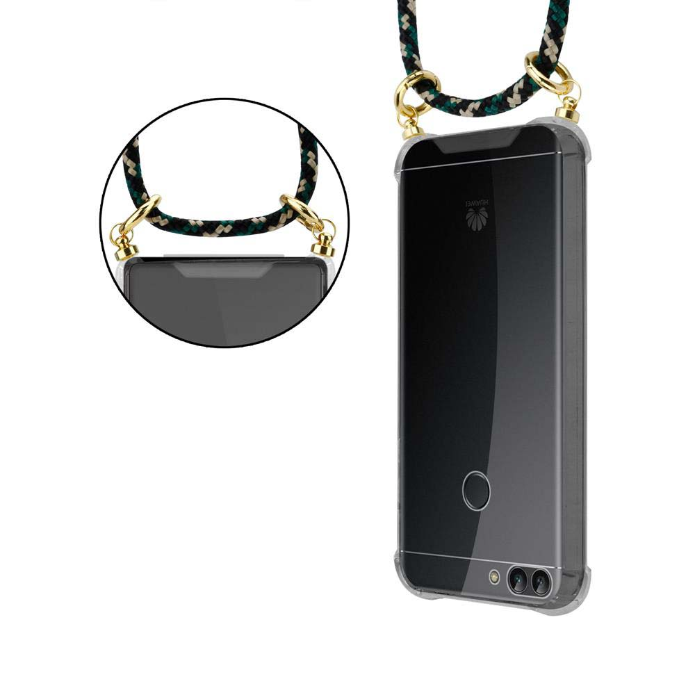 Una custodia trasparente per telefono con un cordino, attaccata al telefono tramite anelli color oro.