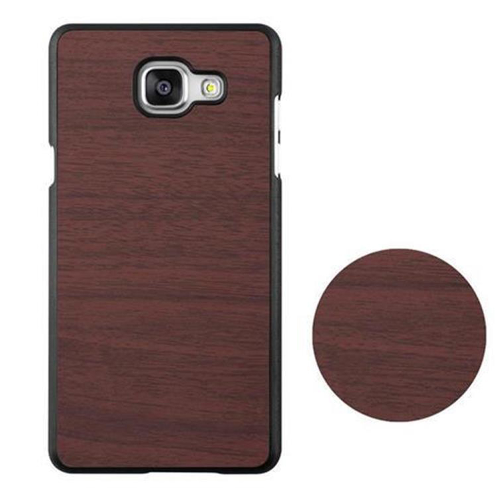 Funda de teléfono con textura de vetas de madera. Un círculo con la misma textura de madera al lado.