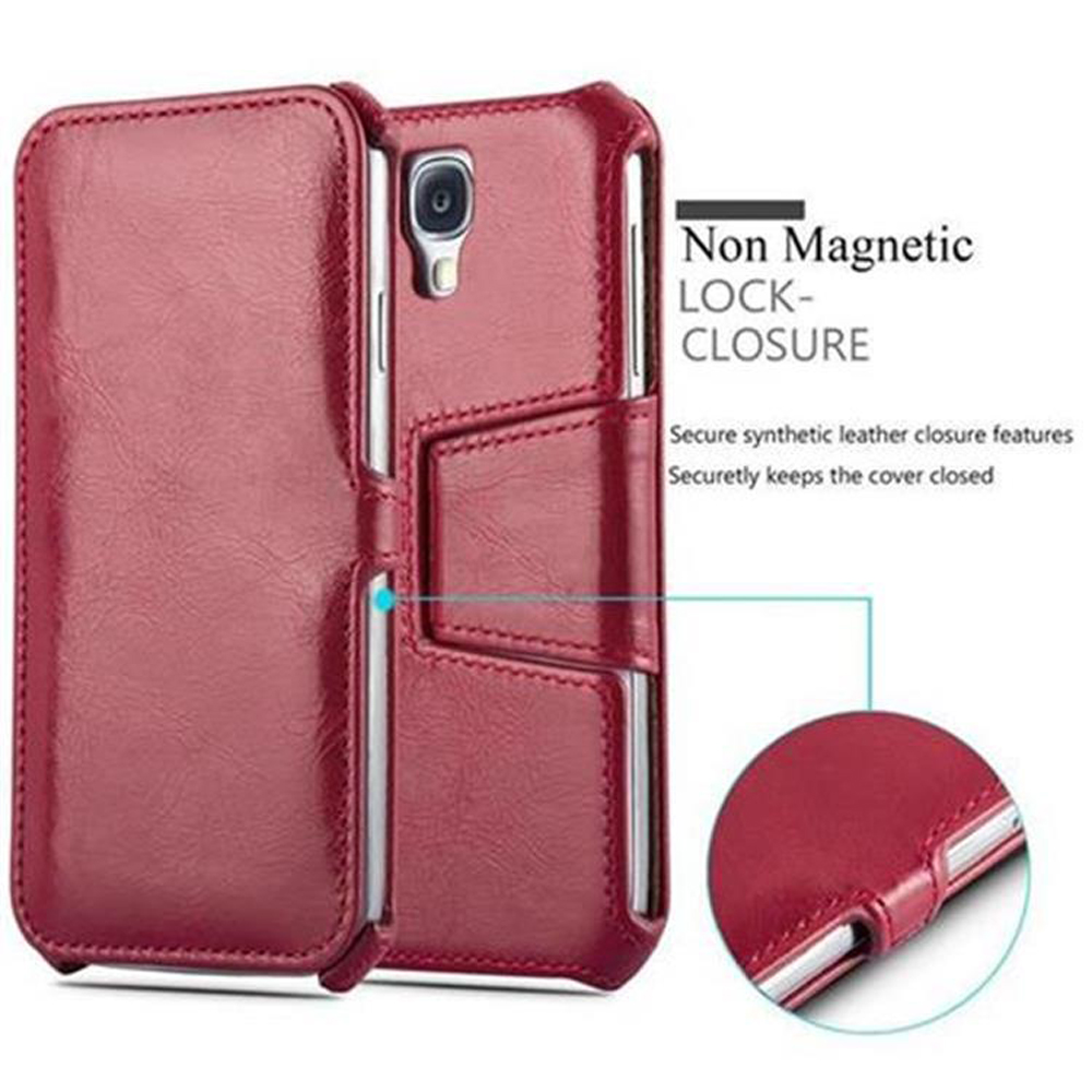 Una custodia per telefono rossa aperta, che mostra il telefono. Il testo in alto è 'Non Magnetic Lock-Closure'.