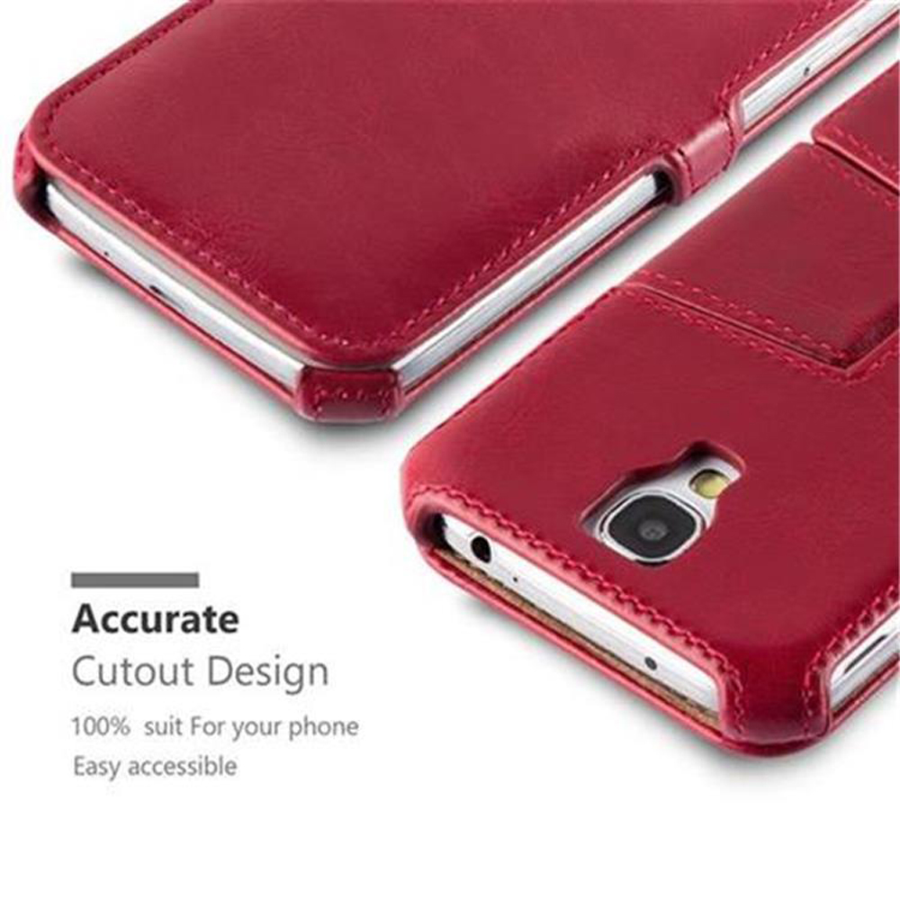 Custodia per telefono in pelle rossa con telefono all'interno. La custodia è aperta e chiusa.