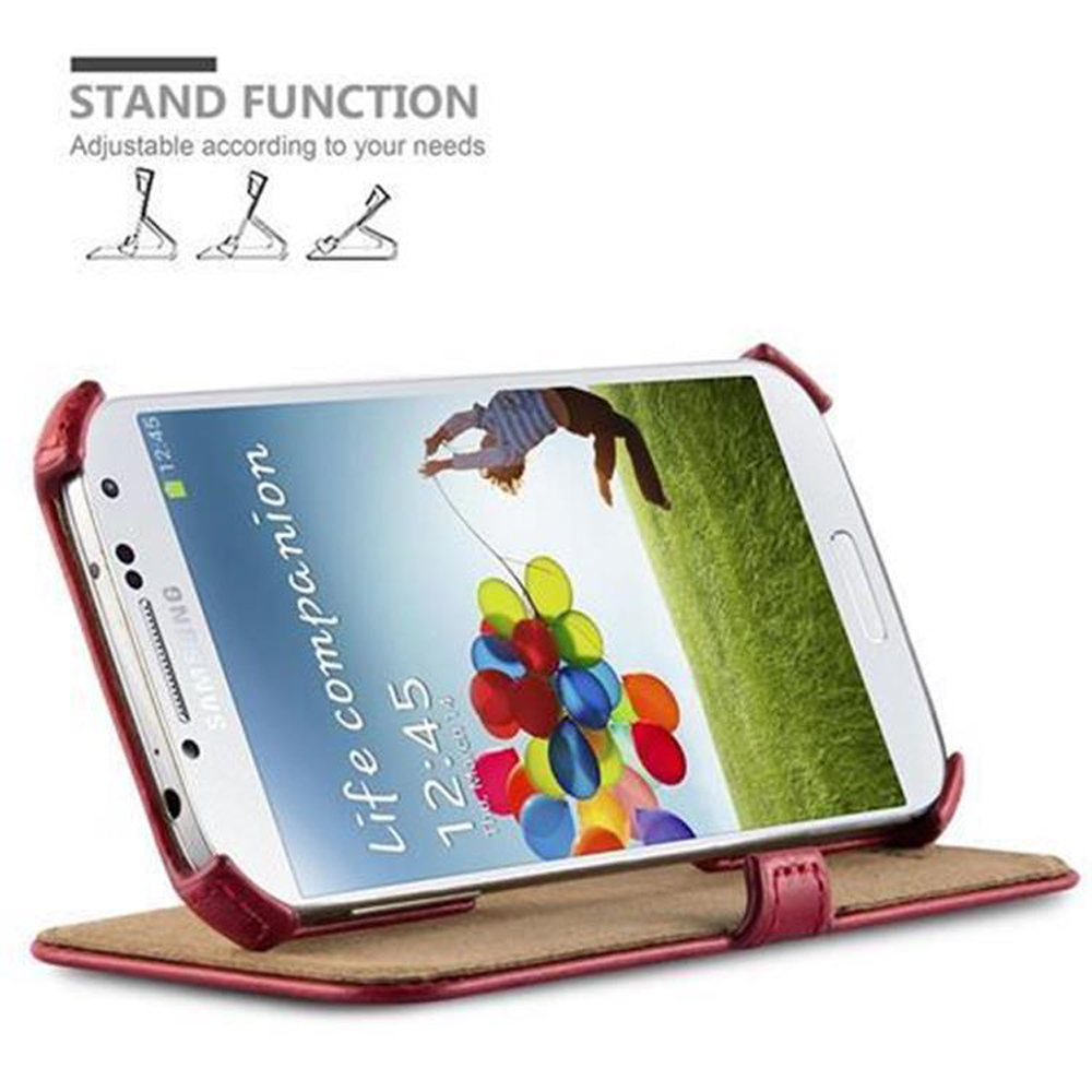 Un telefono cellulare in una custodia rossa è mostrato su uno sfondo bianco. Viene mostrata la funzione di supporto.