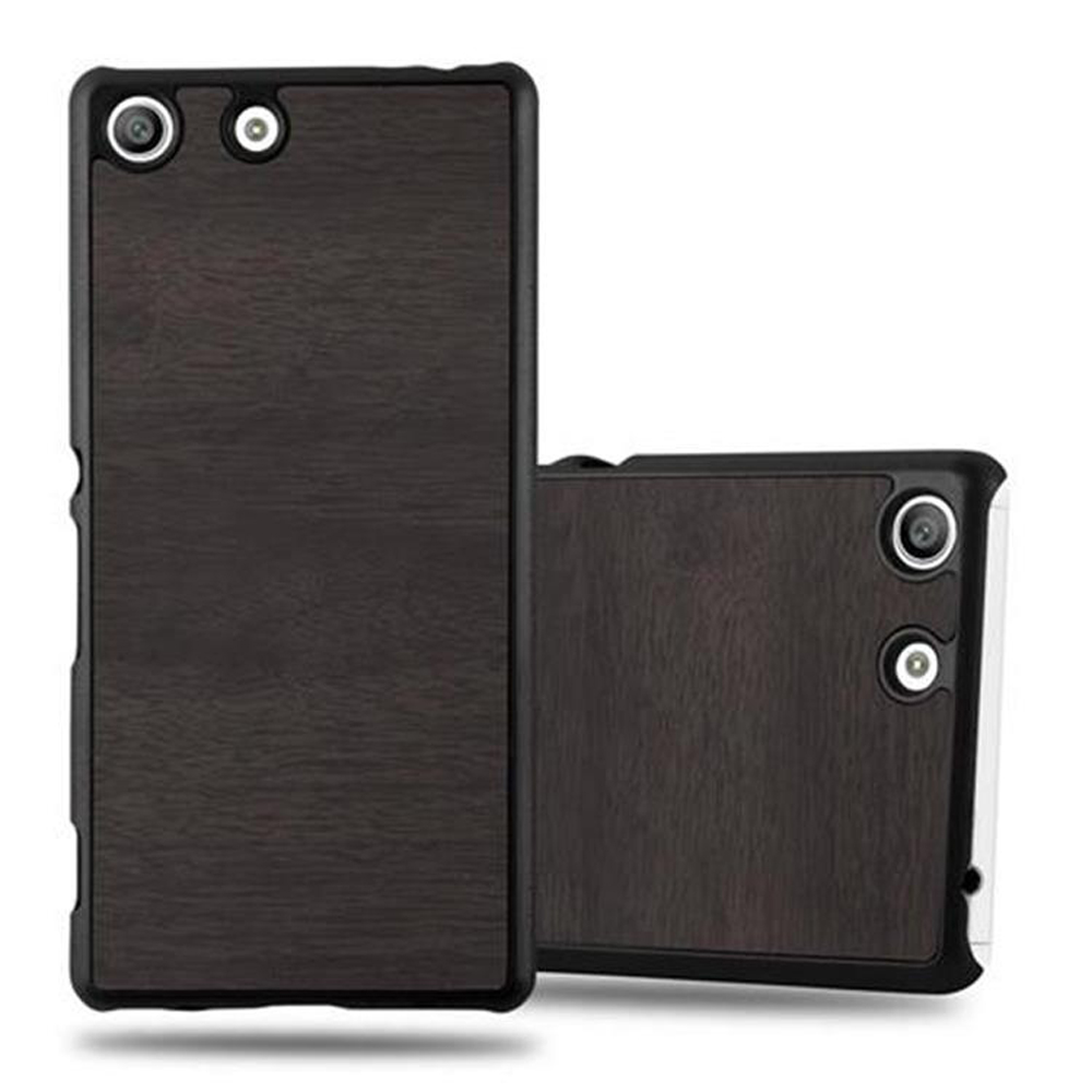 Dos fundas de teléfono con diseño de veta de madera. Borde negro y patrón de madera oscura.